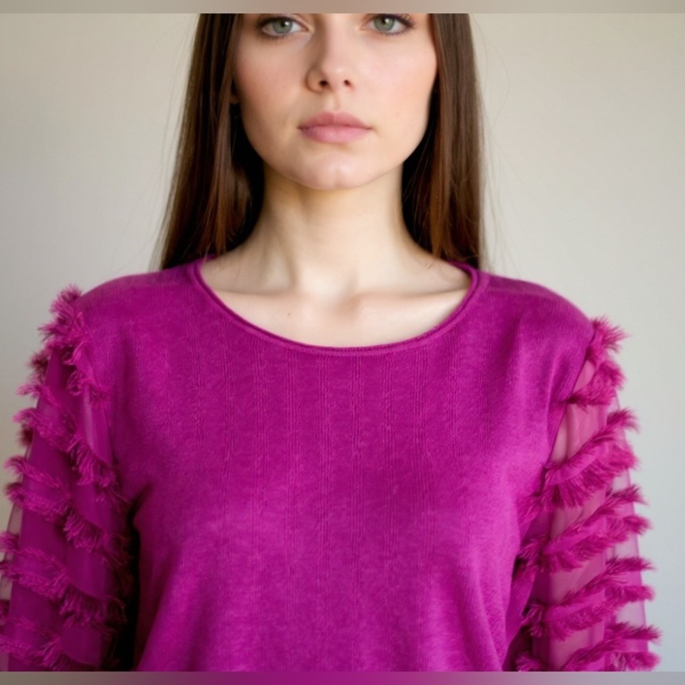 Sioni Fuchsia Fringe Trim Bishop Sleeve Sweater Size L - Picture 5 of 8
